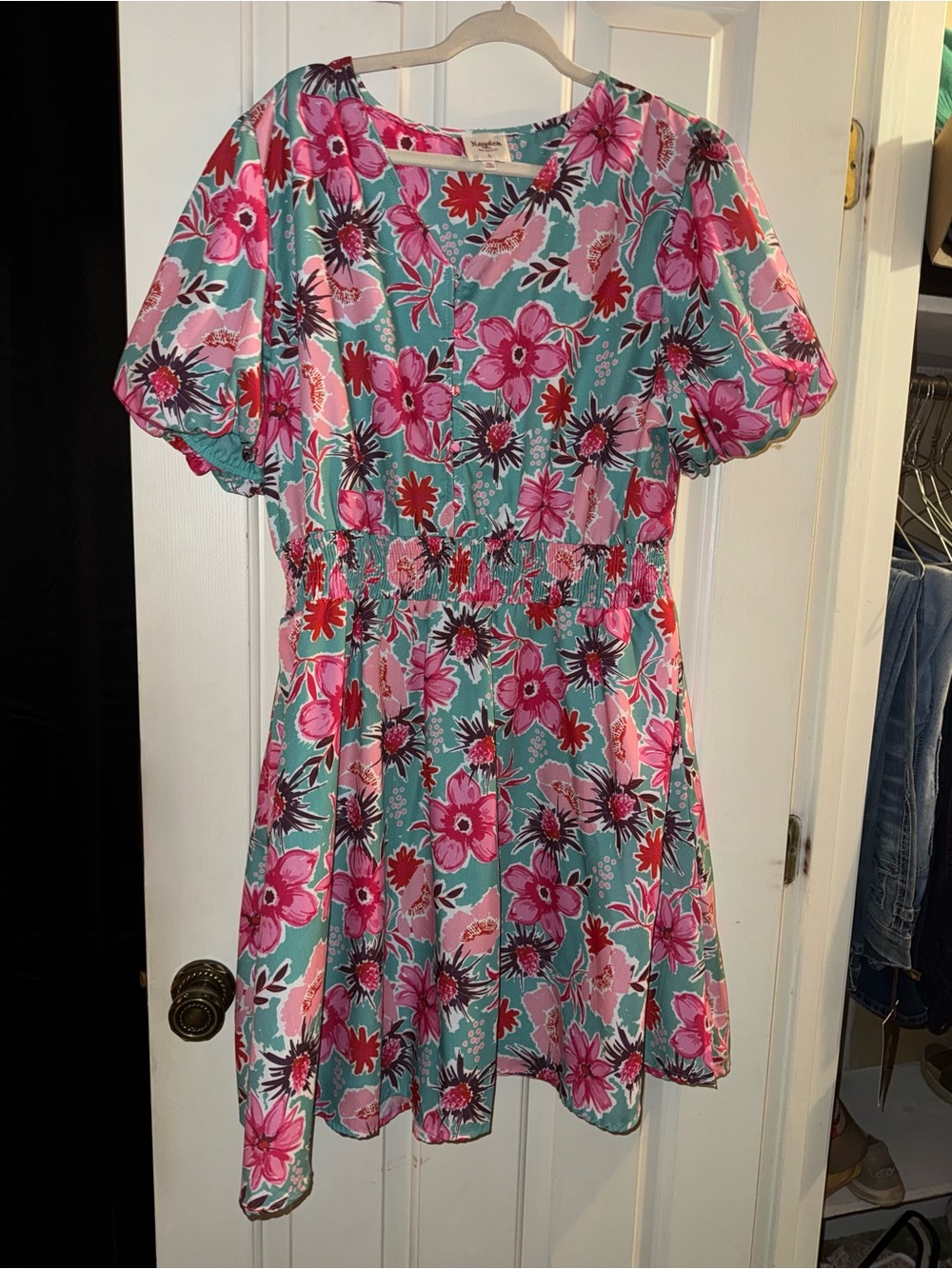 Women’s Floral Smocked Waist Dress in Teal and Pink